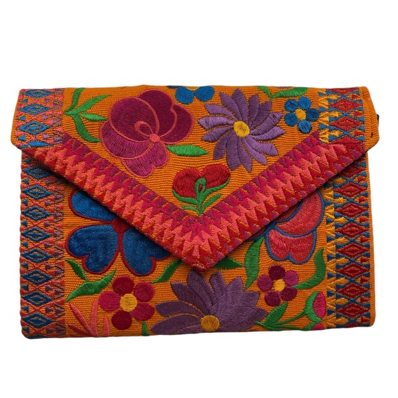 Handbags - Orange Floral Embroidered Clutch Purse, New, Mexican Style